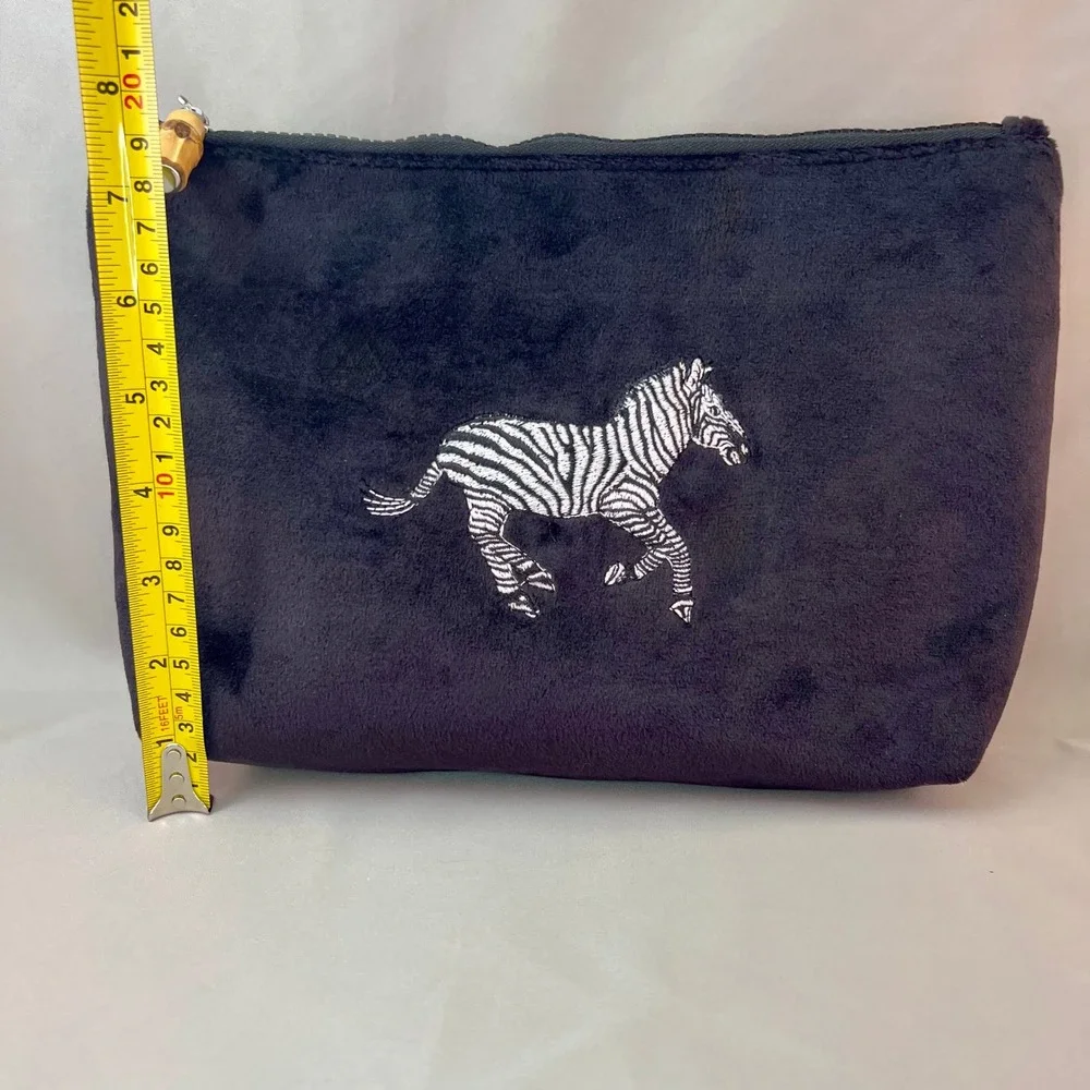 TRVL Design Black Velvet Zebra Embroidered Cosmetic Bag Bamboo Zipper Pull Pouch